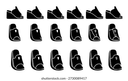 Colección de iconos de vectores en blanco y negro que representan varios estilos de sandalias de cuña de las mujeres y zapatillas sobre un fondo blanco.