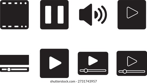 Coleção de ícones vetoriais em preto e branco representando controles de reprodução multimídia e recursos, incluindo botão de pausa de filme, símbolo de volume, equalizador de botão de reprodução e barra de progresso para digital