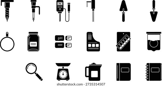 A collection of black and white vector icons featuring various tools and objects, including gardening implements, soil testers, pH meters, beakers, scales, jars, and notebooks, presented in a clean, minimalist style.