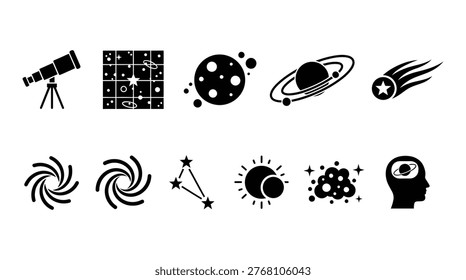 A collection of black and white vector icons representing astronomy and space exploration, including a telescope, celestial bodies, galaxies, and cosmic phenomena. Ideal for educational, scientific, and creative projects.