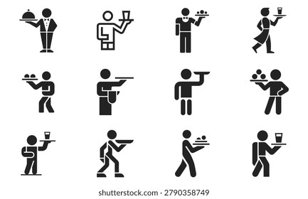 Collection of black and white vector icons showing waiters and waitresses serving food and drinks in a restaurant