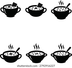 A collection of black and white vector icons depicting bowls of hot soup with crackers and spoons, isolated on a white background.