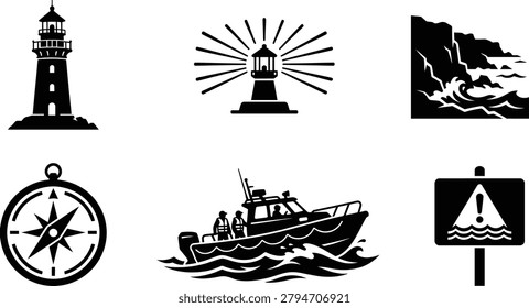 A collection of black and white vector icons representing maritime navigation, safety, and coastal elements, including lighthouses, a compass, a boat, crashing waves, and a warning sign.