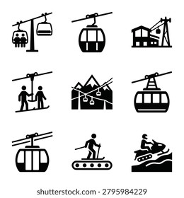 A collection of black and white vector icons representing ski resort infrastructure, cable cars, chairlifts, skiing, and snowmobiling activities.