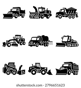 Collection of black and white vector icons representing various heavy construction, road maintenance, and snow removal machinery isolated on white background.