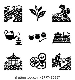 A collection of black and white vector icons representing the tea industry, from cultivation and harvesting to traditional tea ceremonies and tourism.