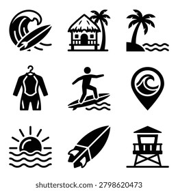 A collection of black and white vector icons representing surfing, tropical beach vacation, ocean waves, surfboards, wetsuits, and lifeguard towers.