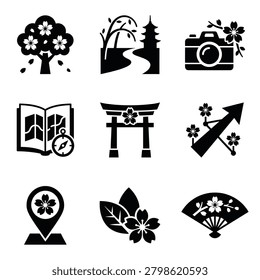 Collection of black and white vector icons featuring cherry blossoms, Japanese landmarks, travel gear, and traditional items for spring-themed designs.