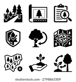 A collection of black and white vector icons representing forestry, environmental protection, tree planting, forest planning, and nature conservation.