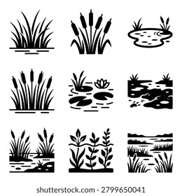 Collection of black and white vector icons representing swamp, wetland, and marsh environments, featuring aquatic plants, reeds, and water bodies.