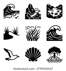 A collection of black and white vector icons representing coastal and marine environments, featuring waves, rocks, wildlife, and vegetation.