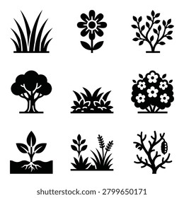Collection of black and white vector icons representing various plants, trees, flowers, and shrubs, perfect for gardening, nature, and environmental designs.