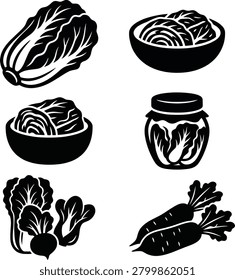 A collection of black and white vector icons representing various types of cabbage, kimchi, and root vegetables.