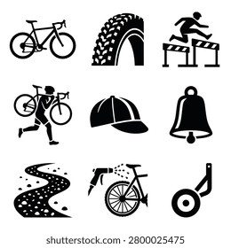 A collection of black and white vector icons representing various elements of cyclocross racing and maintenance, isolated on white background.