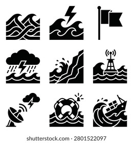 A collection of black and white vector icons representing maritime disasters, stormy weather, emergency rescue equipment, and communication signals at sea.
