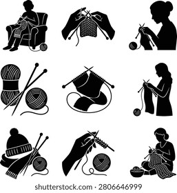A collection of black and white vector icons depicting people knitting, yarn balls, and knitting needles for craft projects.
