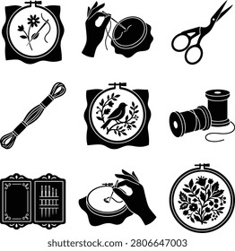 A collection of black and white vector icons representing embroidery, sewing, and needlecraft tools including hoops, needles, thread, and scissors.