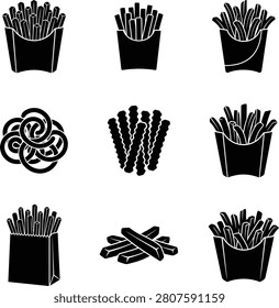 A collection of black and white vector icons depicting various styles of french fries, potato snacks, and fast food packaging.
