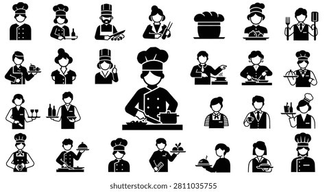 Collection of black and white vector icons depicting restaurant professionals including executive chefs, waiters, and kitchen staff engaged in cooking, serving food, and hospitality tasks.