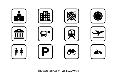 Collection of black and white vector icons representing essential travel services and public facilities including transportation options food services lodging accommodations and scenic points of interest for navigation map applications wayfinding systems and tourist brochures or guides.
