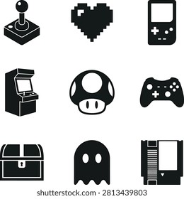 A collection of black and white vector icons representing classic retro video games, consoles, and gaming elements.