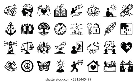 A collection of black and white vector icons representing various concepts like psychology, nature, mindfulness, business, and personal growth.