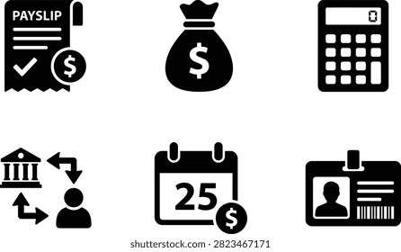 A collection of black and white vector icons representing financial and administrative concepts such as payslips, money, banking, calculations, payment dates, and identification.