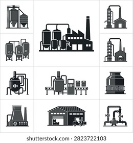 A collection of black and white vector icons representing various industrial factory and manufacturing plant elements.