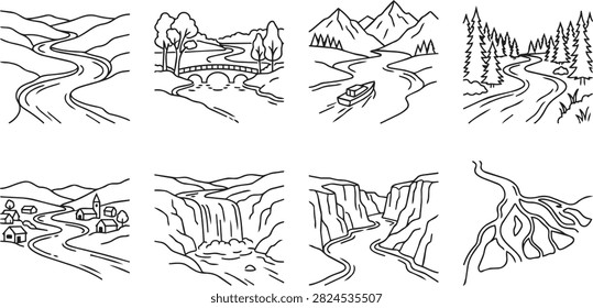 A collection of black and white vector icons depicting various river landscapes, mountains, and natural scenery.