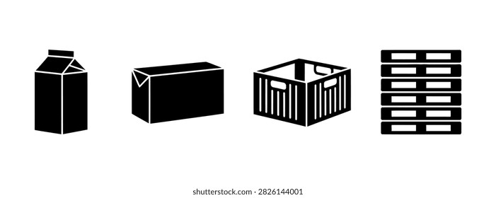 A collection of black and white vector icons representing shipping and logistics, including a milk carton, a box, a crate, and a stack of shipping pallets.