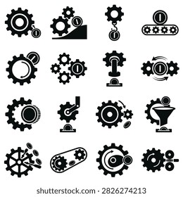 A collection of black and white vector icons depicting various gears, cogwheels, and mechanical systems used in industry and engineering.