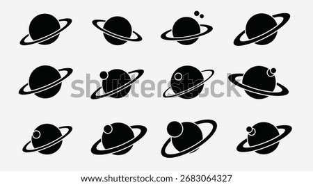 A collection of black and white vector icons depicting various stylized planets with rings, some featuring moons or smaller orbiting celestial bodies, presented in a clean, minimalist design.