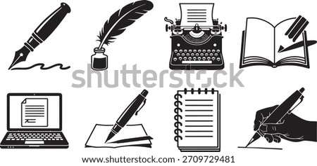 Collection of black and white vector icons depicting writing and communication tools quill