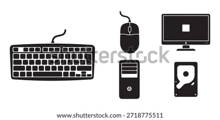 A collection of black and white vector icons representing essential computer components, including a keyboard, mouse, monitor, PC tower, and hard drive.