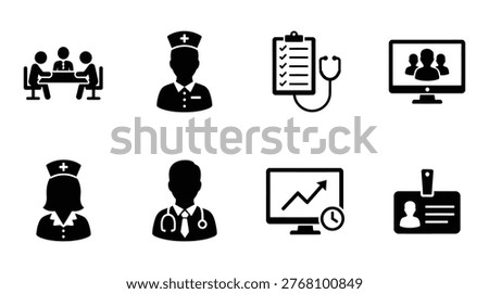 A collection of black and white vector icons representing various aspects of the medical and healthcare industry. Features include team meetings, medical professionals, patient records, and digital health analytics, suitable for presentations and design.