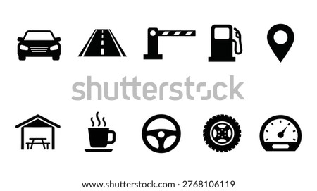 A collection of black and white vector icons representing various aspects of car travel. Includes elements like a car, road, fuel pump, map marker, and a speedometer, ideal for concepts related to transportation, navigation, and road trips.