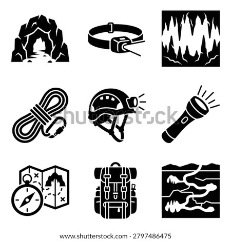 A collection of black and white vector icons representing caving, spelunking, and underground exploration equipment and environments.