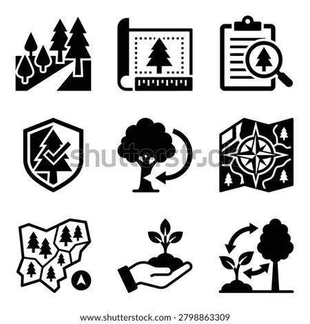 A collection of black and white vector icons representing forestry, environmental protection, tree planting, forest planning, and nature conservation.