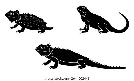 Coleção de ilustrações vetoriais em preto e branco que retratam diferentes espécies de lagartos em várias poses