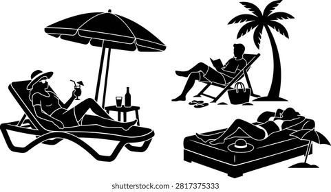 A collection of black and white vector illustrations depicting tourists and vacationers enjoying leisure time at the beach, including relaxing under a parasol with a cocktail, reading a book under a palm tree, and sunbathing on a lounger. Ideal for travel branding, summer holiday concepts, and tropical resort design themes.