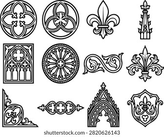 A collection of black and white vector illustrations featuring gothic architectural motifs, rose windows, fleur de lis, and medieval decorative ornaments.