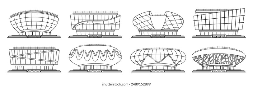 Collection Of Black And White Vector Line Art Illustrations Showcasing Various Modern Stadium Designs