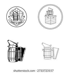 Coleção de ícones de contorno vetorial preto e branco com diferentes dispositivos de fumantes de abelhas e emblemas de mel e fumaça para apicultores.