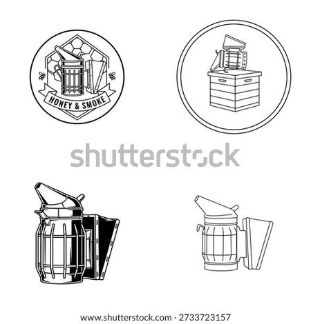 Collection of black and white vector outline icons featuring different bee smoker devices and honey and smoke emblems for beekeepers.