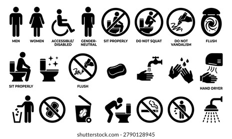 A collection of black and white vector pictograms for public toilets, washrooms, and hygiene facilities