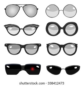 collection of black and white vector retro fashion glasses, set of cartoon comic glasses of different famous persons 