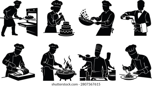 A collection of black and white vector silhouettes depicting kitchen staff and chefs performing various culinary duties like tossing stir fry, icing a cake, grilling, and plating food. This set is ideal for restaurant menus, catering service logos, culinary school advertisements, and food industry branding.