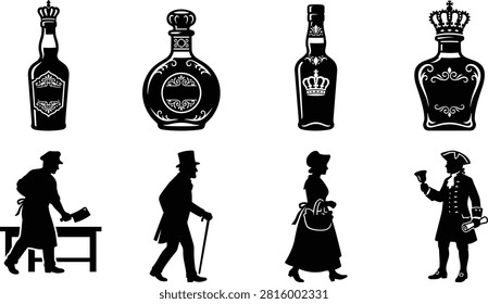 A collection of black and white vector silhouettes featuring ornate antique bottles alongside historical Victorian-era characters. This versatile graphic set is perfect for vintage packaging, historical illustrations, and retro-themed design projects.