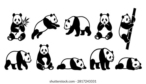 A collection of black and white vector silhouettes featuring giant pandas in various poses, including sitting, walking, climbing, and resting.