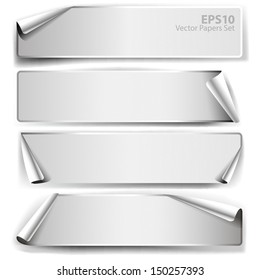 Collection of black and white vector sticky note with rolled edges.